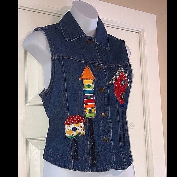 Rama of USA Appliqué BIRDHOUSE Denim Vest - S - Picture 2 of 8